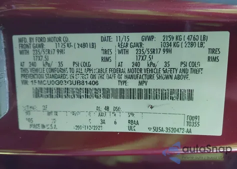 2016 Ford Escape Se z USA, uszkodzony, nr VIN 1FMCU0G93GUB81406